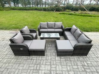 Fimous Rattan Wicker Garden Furniture Patio Conservatory Sofa Set with Rectangular Coffee Table Reclining Chair 2 Big Footstool in Dark Grey