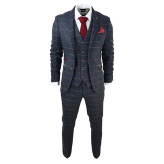 PAUL ANDREW Marineblauw tweed geruit 3-delig pak voor heren