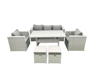 Fimous Garden Dining Set Outdoor Rattan Furniture Set with Sofa Dining Table 2 Chairs 2 Small Footstools Light Grey Mixed