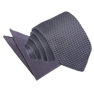 DQT Men Knit Knitted Plain Casual Slim 7cm Neck Tie with Matching Handkerchief Pocket Square Charcoal