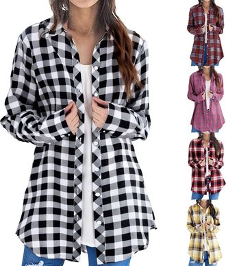 Generic AMDOLE Cardigans for Women UK, Womens Checked Shirts Long Sleeve Button Down Shirts Plaid Shirt for Women Check Blouses Top Roll Up Casual Classic Off