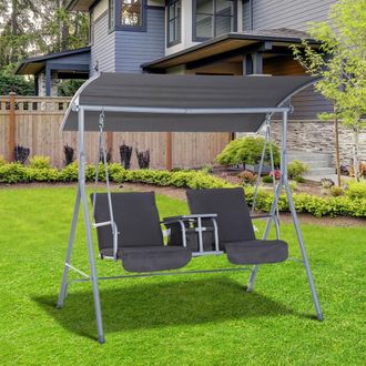 OUTSUNNY 2 Person Covered Patio Swing with Pivot Table & Storage Console in Grey