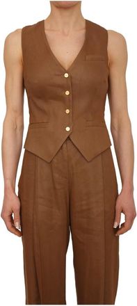 Elisabetta Franchi Asymmetrische Gilet met Uitsnijdingen - Dames - Gillet - Bruin - L - Linnen - Kostuums