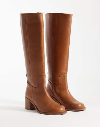 Asos Clyde stivali al ginocchio in vera pelle con punta tonda e da infilare, color cuoio-Marrone