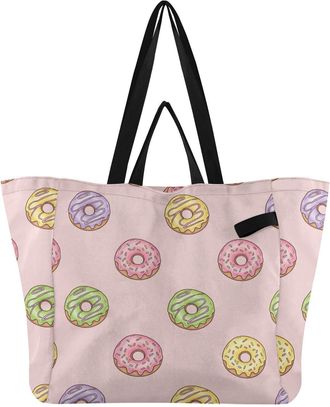 Generic Donuts Green Pink print Reusable Canvas Tote Bag, Heavy Duty Grocery Shopping Bag with Hard Bottom Double Handles Large Capacity Work Groceries Travel