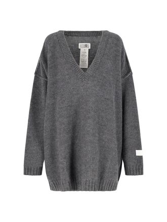 Maison Margiela V-Neck Grey Wool Sweater With Ribbed Finishes