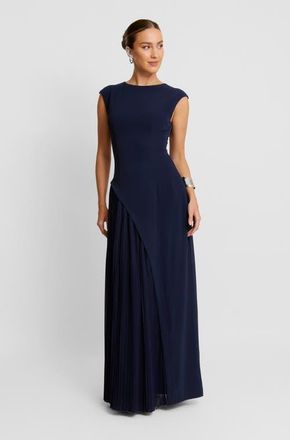 Six Stories Cap Sleeve Pleated Maxi Dress in Navy at Nordstrom, Size 14