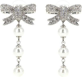 Self Portrait Crystal Bow Pearl Droplet Earrings - Dames - Oorbellen - Grijs - ONE Size - Accessoires