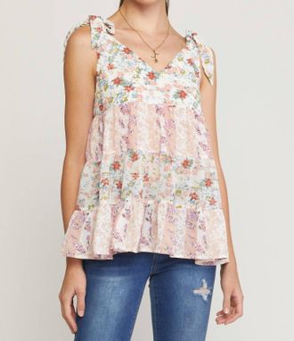 Entro Mixed Floral Print Tiered Top In Blush