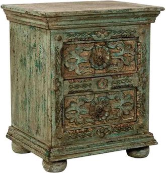 Wanderlust Deco Mesita de noche de madera artesanal de 2 cajones 50 x 40 x 60h cm