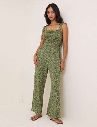 Nobody's Child Green Polka Dot Tie Shoulder Jumpsuit