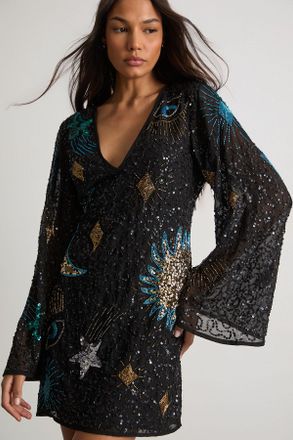 Warehouse Womens Celestial Sequin Embellished Mini Dress - Black - Size 16 UK