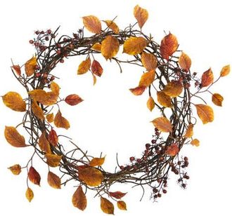 Nearly Natural 19-in Harvest Leaf, Berries and Twig Artificial Wreath in Orange at Nordstrom