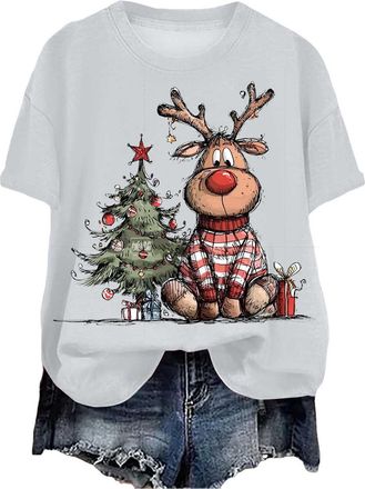 Generic Christmas T Shirt for Womens Funny Festive Printed Blouse Loose Fit Comfortable Xmas Pullover Ladies Short Sleeve Tshirts Christmas Crew Neck Casual S