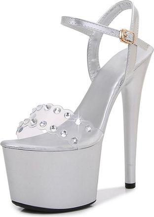 Generic Silver,6.5 UK,17CM Rhinestone Sandals for Womens Peep Open Toe Stiletto High Platform Heels Ankle Strap Wedding Bridal Party Dress Shoes