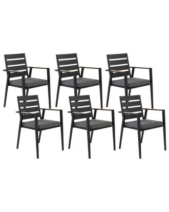 Beliani Set Di 6 Sedie Da Giardino In Metallo Nero Grigio Chiaro Cuscini In Legno Taviano