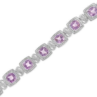 House of Brilliance 925 Sterling Silver 7x7 mm Cushion Cut Purple Amethyst and 1/10 cttw Round Cut Diamond Square Shape Tennis Bracelet