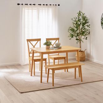 Furniturebox Lynton Small Oak Effect Wooden Dining Table with 2 Millford Chairs & Bench in Light Oak