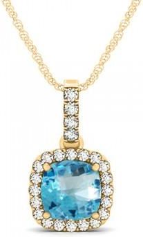 Allurez Blue Topaz & Diamond Halo Cushion Pendant Necklace 14k Yellow Gold (1.96ct)
