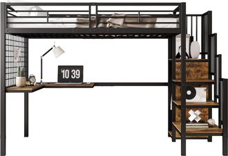 STILVORA Cama Alta 90 X 200 Cm Con Escalera Lateral, Armario Y Escritorio, Sin Colch&oacute;n, De Metal Y Mdf, Negro Y Nogal Oscuro