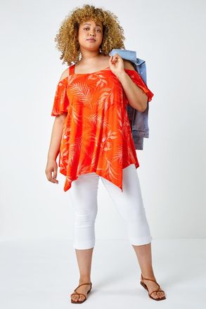 Roman Leaf Print Cold Shoulder Top