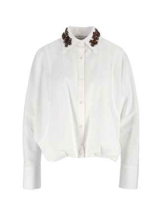 Ermanno Scervino White Cropped Embellished Collar Wide Cuff Shirt