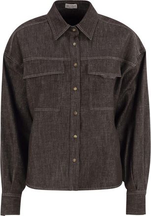 Brunello Cucinelli Brunello Cucinelli Womens Sparkling No-fade Denim Shirt With Shiny Flap Detail - Dark Brown Textile - Size Large