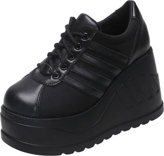 Tosoft Black White Sneakers for Women Fashion Round Toe Lace-Up Platform Slope Heels Wedge Sports Walking Shoes (Color : Black, Size : 39)