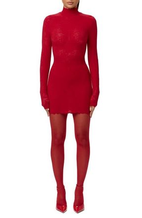 Naked Wardrobe Scalloped Long Sleeve Lace Minidress in Ruby Red at Nordstrom, Size X-Small