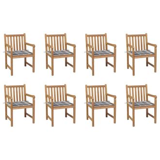 vidaXL Sillas De Jard&iacute;n 8 Uds Madera Maciza Teca Cojines Cuadros Gris Vidaxl
