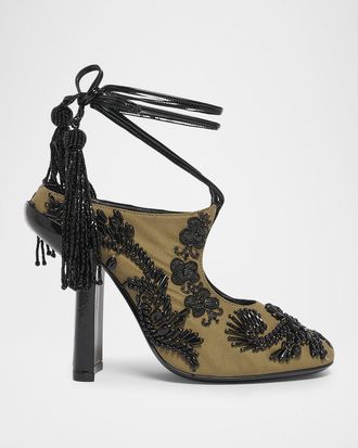 Dries Van Noten 100mm Matador Embellished Twill Ankle-Tie Mules