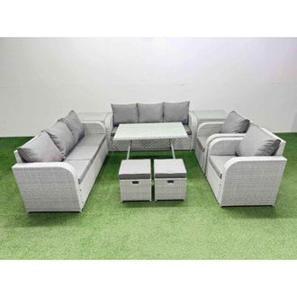 Fimous Rattan High Back Lounge Sofa Set Patio Dining Table & Chairs Set with 3 Seater Sofa 2 Reclining Chairs 2 Side Tables 2 Small Stool Light Grey - Fimous