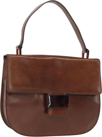 Prada Madras Handbag Leather Brown Leather Handbag (Pre-Owned)