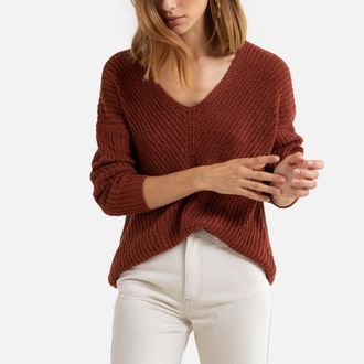 Jacqueline de Yong Pullover mit V-Ausschnitt, Grobstrick - Beige - JDY