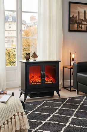 Living and Home Freestanding Electric Fireplace Heater with Remote Control, Realistic Flame Effect for Living Room in Black
