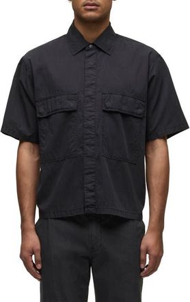Hudson Utility Oversize Short Sleeve Cotton & Nylon Snap-Up Shirt in Black at Nordstrom, Size Xx-Large