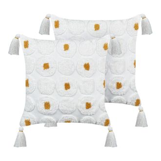 Beliani Beliani - Lote De 2 Cojines Decorativos Fabricados En Algod&oacute;n Con Detalles Amarillos Y Borlas En Color Blanco 45 X 45 Cm Azalia