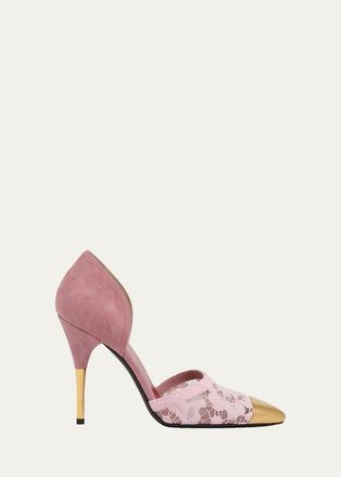Valentino Garavani DOrsay Lace-Embellished Suede Pump