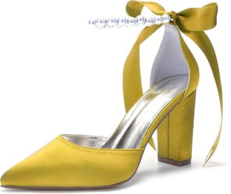 Generic Wedding Bridal Shoes Womens Satin Pointed Toe Heel 9Cm Block Heel Bridal Party Wedding Evening Pumps,Yellow,10 UK