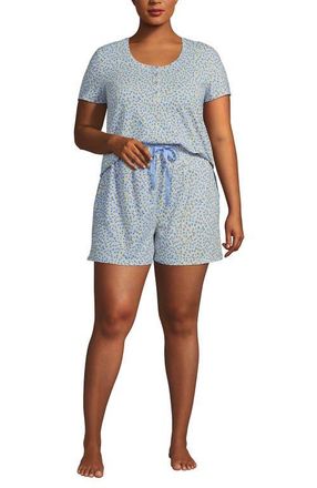 Lands End Knit 2 Piece Pajama Set - Short Sleeve Top and Shorts in Misty Blue Floral at Nordstrom, Size 2X
