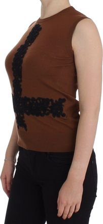 Dolce & Gabbana Womens Brown Wool Black Lace Vest Sweater Top Beige Cotton