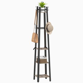 HOMCOM Industrial Coat Stand with 4 Storage Shelves and 8 Hooks - Grey | TJ Hughes
