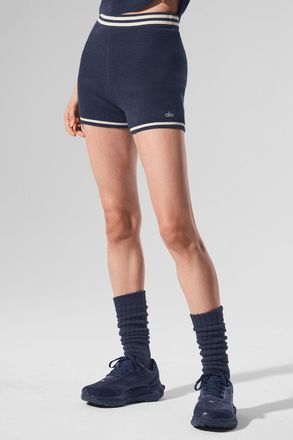 Alo | Tennis Club Sweater Knit Hot Short Top in Navy/Ivory, Size: Large