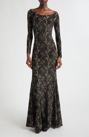 Etro Long Sleeve Metallic Paisley Chenille Gown in Oro at Nordstrom, Size 10 Us