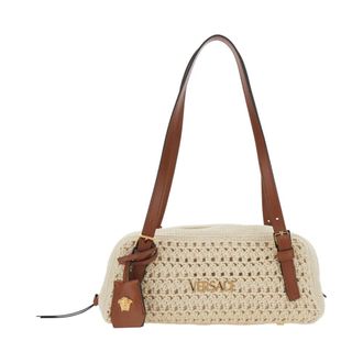 Versace Shoulder Bags, female, Beige, Size: ONE SIZE Tag Raffia Bowling Bag
