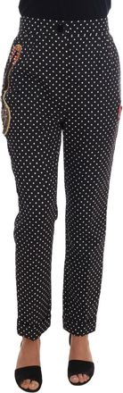 Dolce & Gabbana Womens Polka Dot Trousers Embellished Pants - Black Silk - Size EU 38 (Womens)