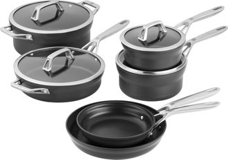 Zwilling Motion Nonstick Hard-Anodized 10-Piece Cookware Set in Grey, Dutch Oven, Fry pan, Saucepan