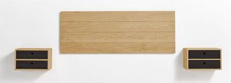 HOGAR 24 Cabecero Acabado Madera Maciza Natural + 2 Mesitas Flotantes Dos Cajones Acabado Cera / Negro. Medidas Cabecero: 155 X 60 X 2 Cm