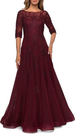 La Femme Lace and Tulle A-line Gown with Three Quarter Sleeves in Burgundy at Nordstrom, Size 20