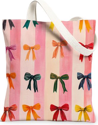Generic Colorful Bow Canvas Tote Bags, Cute Ribbon Design Reusable Grocery Bags, Spring Floral Chic Lightweight Washable Shoulder Strap for Travel 13x15 Inch